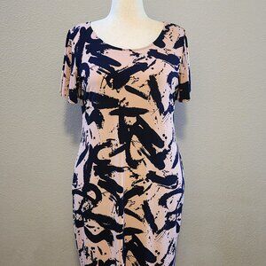 Clara Sun Woo Back Keyhole Dress, Coral and Navy Splash Stroke Pattern, Large